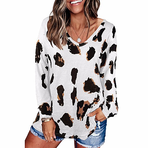 

Women's Tunic Leopard Cheetah Print Long Sleeve Print V Neck Basic Tops White Khaki