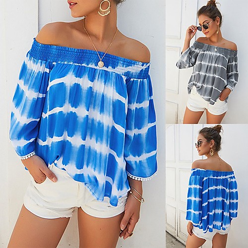 

Women's Blouse Shirt Tie Dye Long Sleeve Print Off Shoulder Basic Hawaiian Tops Blue Gray