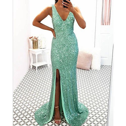 

A-Line Glittering Sexy Wedding Guest Formal Evening Dress V Neck Sleeveless Sweep / Brush Train Sequined with Sequin Split 2021