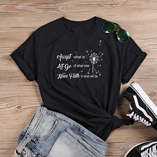 

Women's T shirt Graphic Text Letter Print Round Neck Basic Tops 100% Cotton White Black Fuchsia