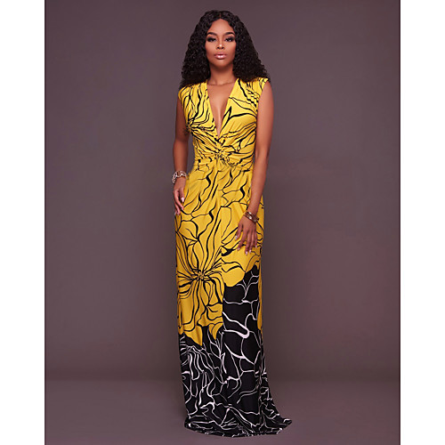 

Women's Sheath Dress Maxi long Dress Yellow Sleeveless Floral Patchwork Print Fall Summer Round Neck V Neck Sexy Party Slim 2021 S M L XL XXL 3XL