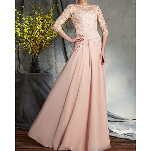 

A-Line Mother of the Bride Dress Elegant Jewel Neck Floor Length Chiffon Lace Half Sleeve with Pleats Appliques 2021