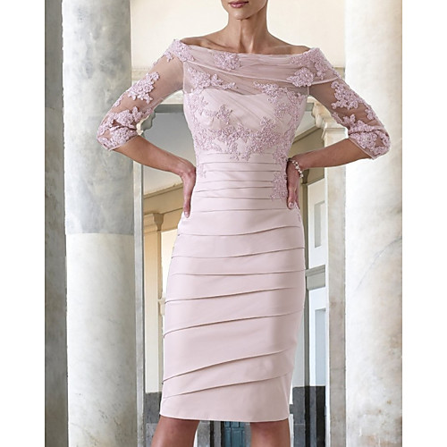 

Sheath / Column Mother of the Bride Dress Elegant Jewel Neck Knee Length Taffeta Half Sleeve with Appliques Ruching 2021