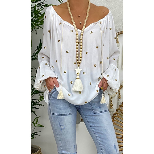 

Women's Blouse Shirt Polka Dot Long Sleeve Drawstring V Neck Basic Casual Tops Oversized White Black / Loose