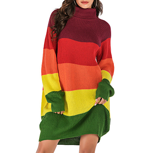 

Women's Color Block Pullover Sweater Dress Cotton Long Sleeve Loose Sweater Cardigans Turtleneck Fall Winter Rainbow