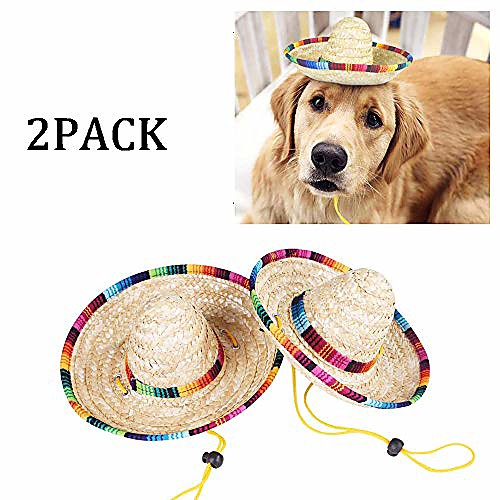 

2pack handcrafted pet straw hat with adjustable chin strap, lovely sun hat funny mexican party costume party photo prop dog sombrero hat for dog/puppy/cat/kitty