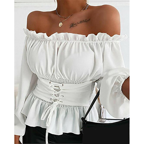 

Women's Blouse Shirt Solid Colored Long Sleeve Ruffle Off Shoulder Basic Tops White Black Purple