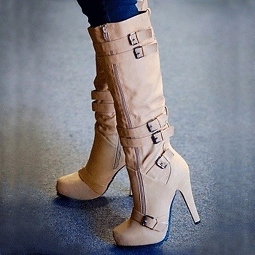 

Women's Boots Kitten Heel Round Toe Knee High Boots Casual Daily PU Buckle Solid Colored Light Brown Gray Black