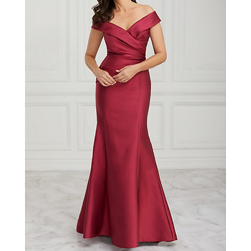 

A-Line Mother of the Bride Dress Elegant Off Shoulder Floor Length Satin Sleeveless with Ruching 2021