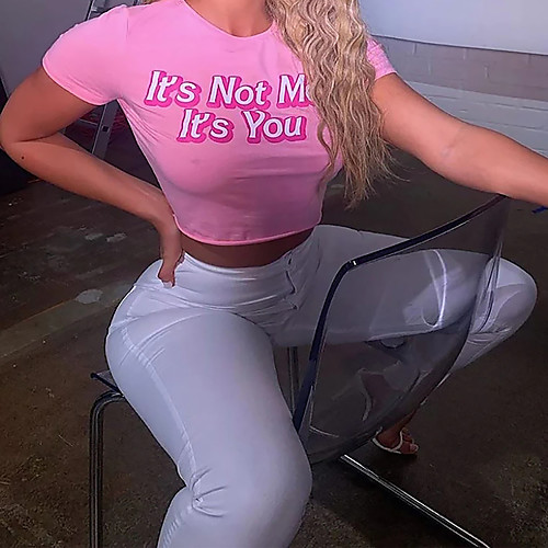 

Women's Crop Tshirt Graphic Text Letter Round Neck Basic Tops Blushing Pink