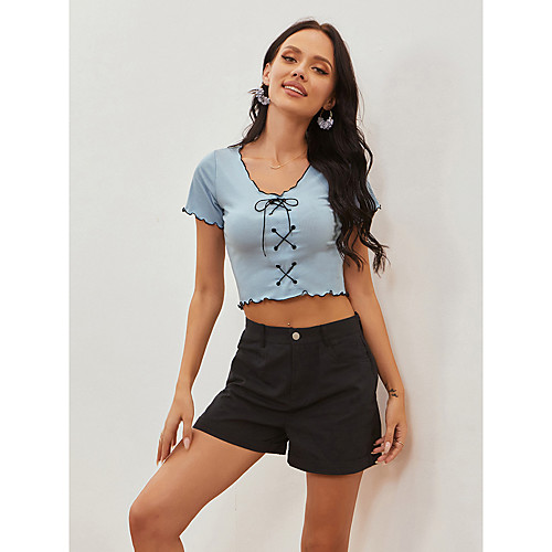 

Women's Blouse Shirt Solid Colored Drawstring V Neck Basic Sexy Tops Black Blue Purple