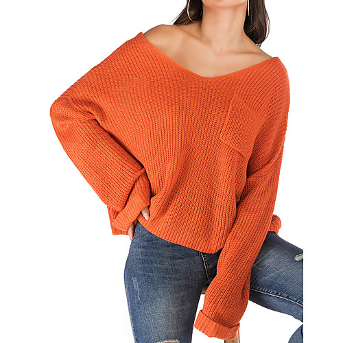 

Women's Solid Colored Pullover Cotton Long Sleeve Loose Sweater Cardigans V Neck Fall Orange