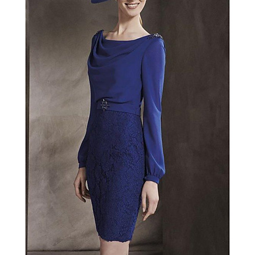 

Sheath / Column Mother of the Bride Dress Elegant Cowl Neck Knee Length Chiffon Lace Long Sleeve with Sash / Ribbon Crystal Brooch 2021