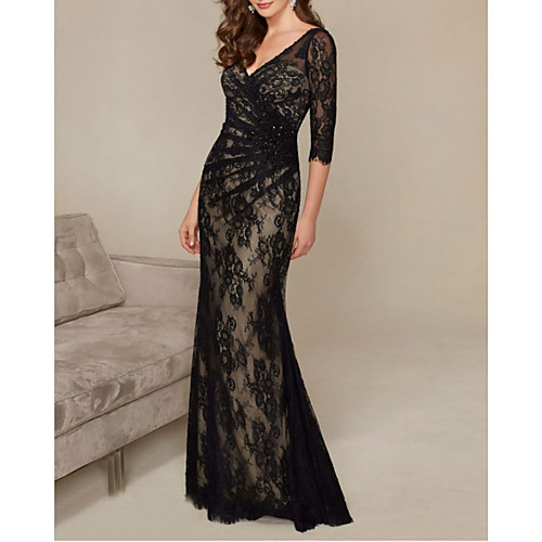 

Mermaid / Trumpet Mother of the Bride Dress Elegant V Neck Floor Length Lace Half Sleeve with Ruching 2021