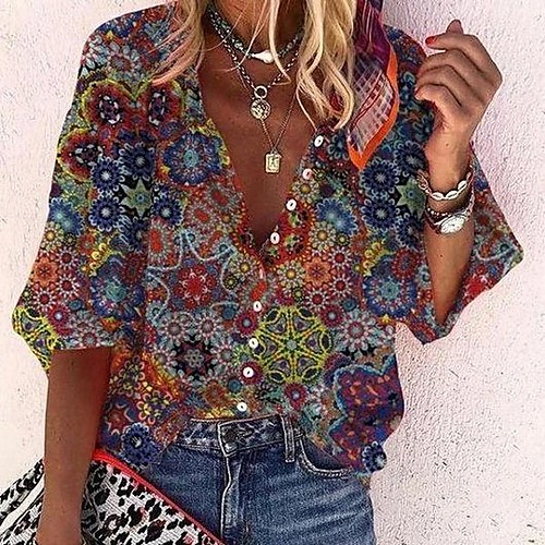 

Women's Blouse Shirt Graphic Prints Long Sleeve Button Print V Neck Basic Boho Tops Loose Blue