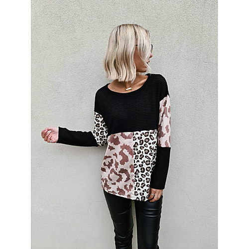 

Women's Basic Color Block Leopard Cheetah Print Sweater Long Sleeve Sweater Cardigans Crew Neck Round Neck Winter Black