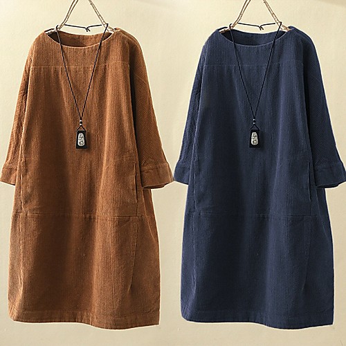 

Women's A Line Dress Short Mini Dress Light Brown Navy Blue 3/4 Length Sleeve Solid Color Fall Winter Round Neck Casual Slim 2021 M L XL XXL 3XL 4XL 5XL