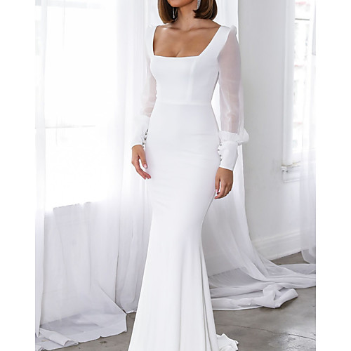 

Mermaid / Trumpet Minimalist Elegant Wedding Guest Formal Evening Dress Scoop Neck Long Sleeve Sweep / Brush Train Satin with Sleek 2021