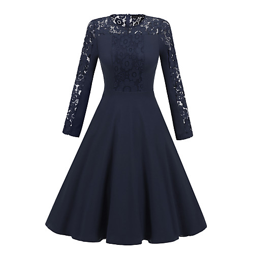 

Women's A Line Dress Knee Length Dress Black Navy Blue Long Sleeve Solid Color Lace Patchwork Fall Round Neck Sexy Party Slim 2021 S M L XL XXL
