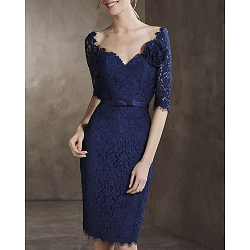 

Sheath / Column Mother of the Bride Dress Elegant V Neck Knee Length Lace Half Sleeve with Sash / Ribbon 2021