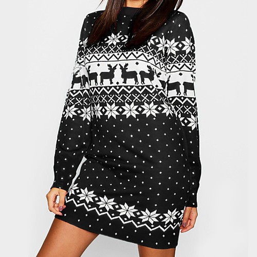 

Women's Sweater Jumper Dress Short Mini Dress Blue Green Black Light Blue Long Sleeve Print Print Fall Winter Round Neck Hot Casual Christmas 2021 S M L XL