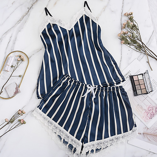 

Women's Mesh Lace Bow Sexy Suits Nightwear Striped Patchwork Embroidered Blushing Pink / Dusty Blue S M L / Strap / Deep V / Strap