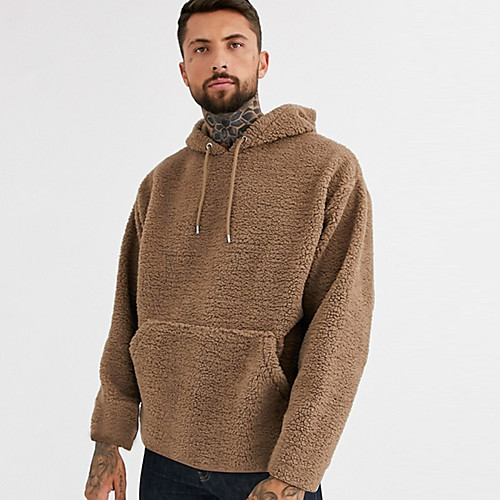 

Men's Pullover Hoodie Sweatshirt Solid Color Hooded Going out non-printing Basic Fuzzy Hoodies Sweatshirts Brown