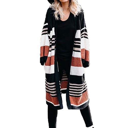 

Women's Basic Knitted Striped Cardigan Cotton Long Sleeve Sweater Cardigans V Neck Fall Winter Black