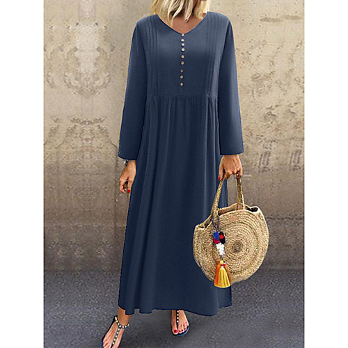 

Women's Shift Dress Maxi long Dress Navy Blue Long Sleeve Solid Color Patchwork Button Fall V Neck Hot Casual Loose 2021 L XL XXL 3XL 4XL 5XL / Cotton / Plus Size / Plus Size / Cotton