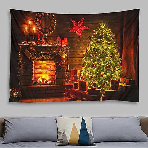 

Christmas Santa Claus Wall Tapestry Art Decor Blanket Curtain Picnic Tablecloth Hanging Home Bedroom Living Room Dorm Decoration Chimney Fireplace Wooden Board Christmas Tree Gift Polyeste