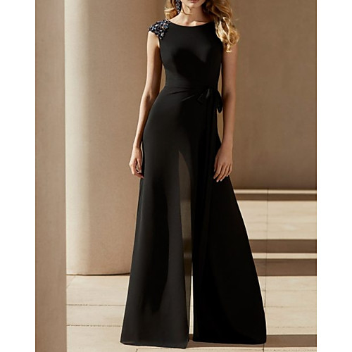 

Jumpsuits Mother of the Bride Dress Elegant Jewel Neck Floor Length Chiffon Sleeveless with Bow(s) Beading 2021