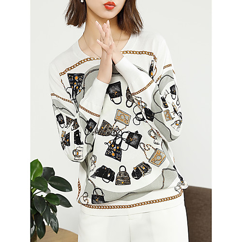 

Women's Freestyle Stylish Knitted Striped Abstract Pullover Long Sleeve Sweater Cardigans Crew Neck Round Neck Fall White