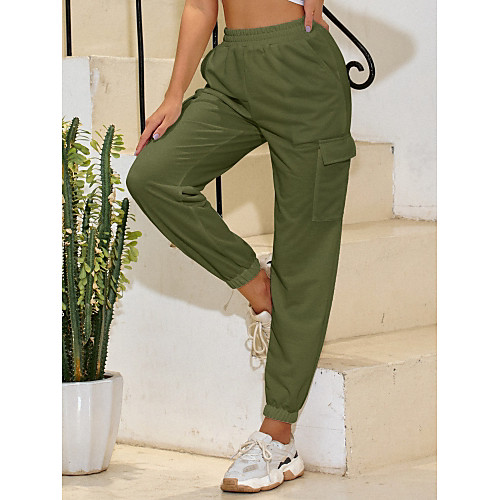 

Women's Sporty Yoga Breathable Sports Cotton Slim Daily Sweatpants Pants Solid Colored Full Length Pocket High Waist Army Green