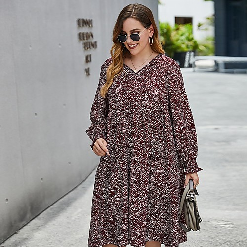 

Women's Swing Dress Midi Dress White Red Brown Long Sleeve Print Print Fall V Neck Casual Loose 2021 XL XXL 3XL 4XL