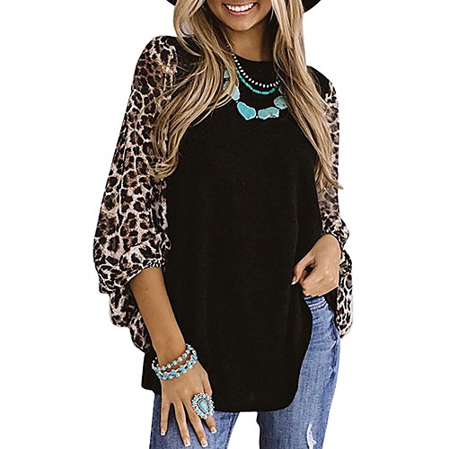 

Women's T shirt Leopard Cheetah Print Long Sleeve Print Round Neck Basic Tops Black