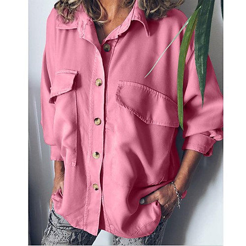 

Women's Blouse Shirt Solid Colored Long Sleeve Patchwork Shirt Collar Basic Tops Black Blushing Pink Khaki