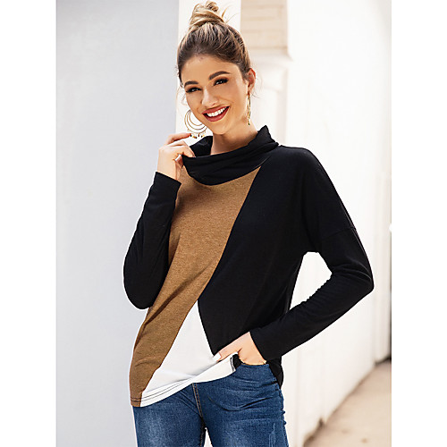 

Women's Blouse Shirt Color Block Long Sleeve High Neck Basic Tops Black