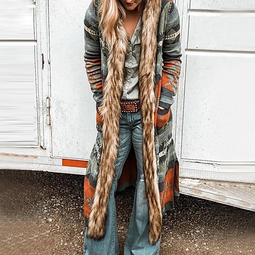 

Women's Faux Fur Coat Daily Fall Winter Long Coat Regular Fit Elegant & Luxurious Jacket Long Sleeve Geometric Fur Trim Blue Purple