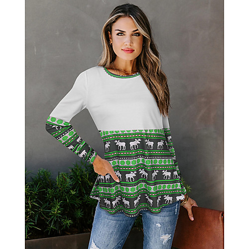 

Women's Christmas T shirt Color Block Animal Long Sleeve Print Round Neck Basic Christmas Tops Cotton Red Green