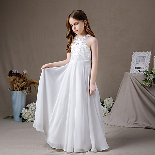 

A-Line Floor Length Junior Bridesmaid Dress Party Chiffon Sleeveless Halter Neck with Pleats