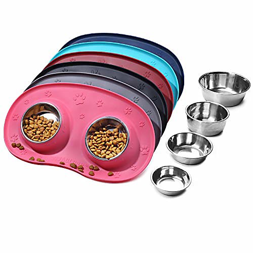 

puppy bowls stainless steel food and water bowls dishes with wider non skid spill proof silicone mat for small dogs cats, pink