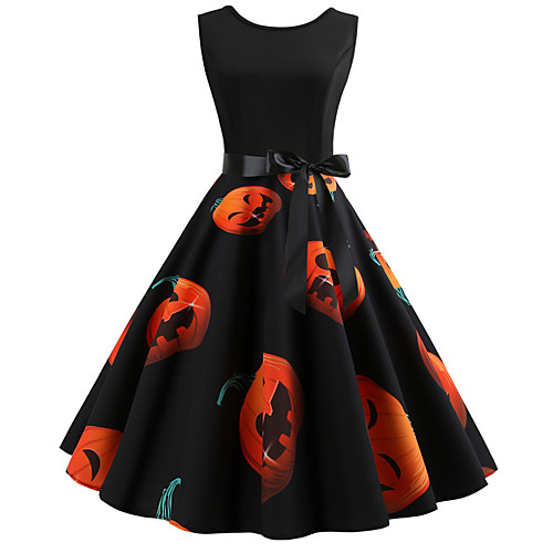 

Women's Halloween A Line Dress Knee Length Dress Orange White Black Red Light Blue Sleeveless Santa Claus Pumpkin Print Patchwork Print Summer Round Neck Hot Vintage Slim 2021 S M L XL XXL