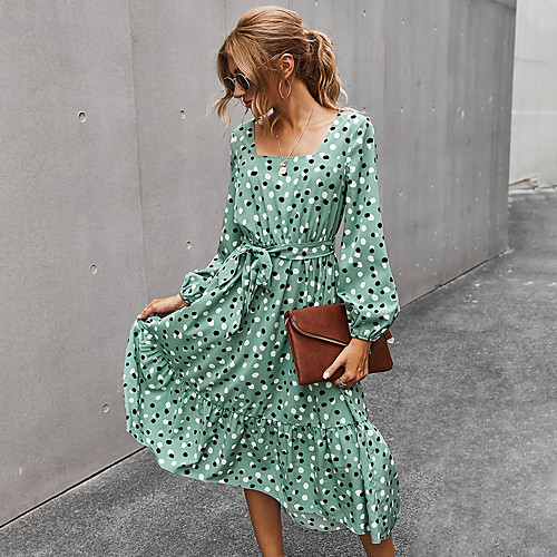 

Women's A Line Dress Midi Dress Red Light Green Navy Blue Long Sleeve Polka Dot Patchwork Print Fall Square Neck Hot Elegant Going out Slim 2021 S M L XL