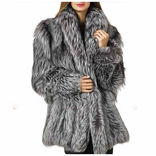 

Women's Faux Fur Coat Daily Winter Fall & Winter Long Coat Slim Basic Sexy Jacket Long Sleeve Color Block Silver