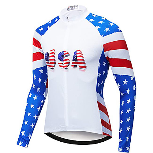 

21Grams Men's Long Sleeve Cycling Jersey Winter Polyester White USA National Flag Bike Jersey Top Mountain Bike MTB Road Bike Cycling UV Resistant Quick Dry Breathable Sports Clothing Apparel