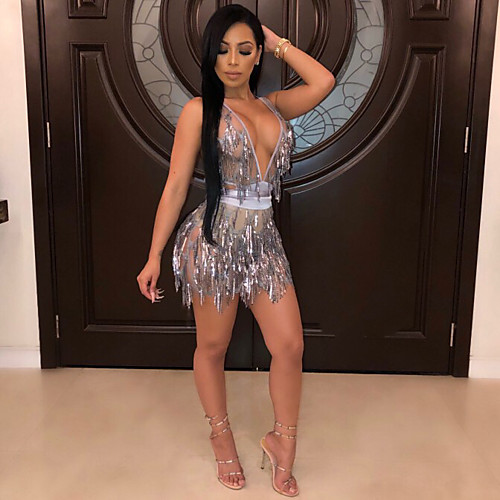 

Women's Sheath Dress Short Mini Dress Light Brown Silver Gold Black Red Sleeveless Solid Color Backless Sequins Mesh Summer Deep V Hot Sexy Club Slim 2021 S M L XL / Party