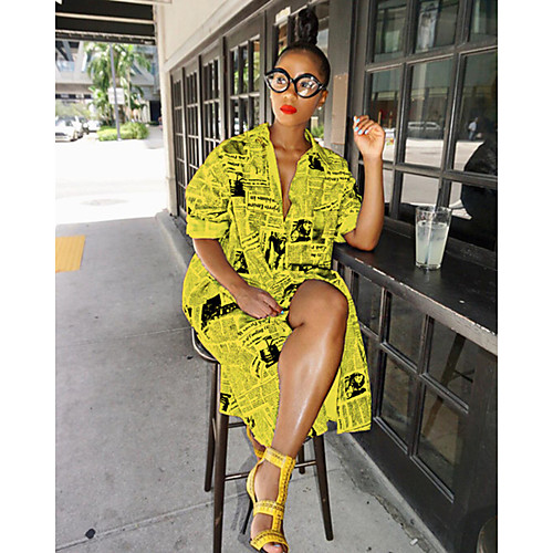 

Women's Shirt Dress Knee Length Dress Yellow White Long Sleeve Letter Fall Spring Shirt Collar Elegant Sexy Holiday Going out 2021 S M L XL XXL