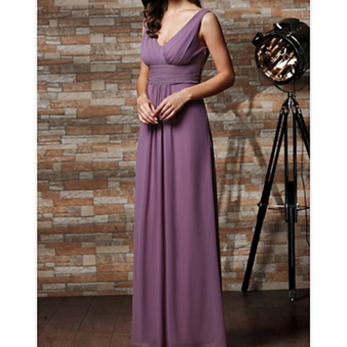 

A-Line V Neck Floor Length Chiffon Bridesmaid Dress with Pleats