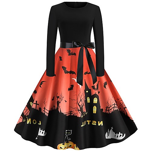 

Women's Halloween A Line Dress Knee Length Dress Blue Purple Wine Gray Green Orange Light Blue Long Sleeve Pumpkin Bat Print Patchwork Bow Print Summer Round Neck Hot Vintage Slim 2021 S M L XL XXL