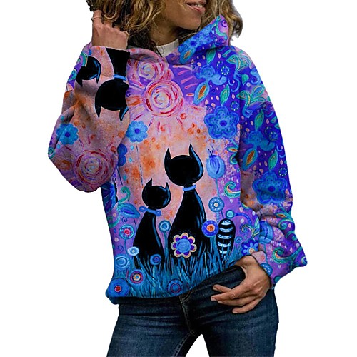 

Women's Hoodie Pullover Cat Daily Other Prints Casual Hoodies Sweatshirts Loose Blue Purple Yellow